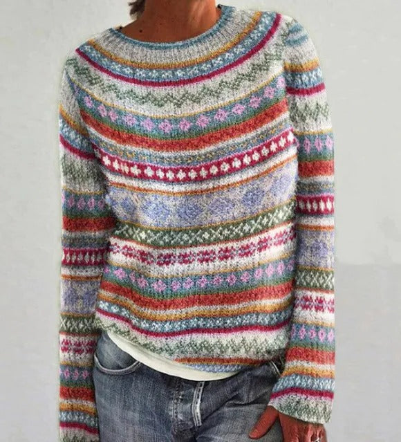 Women's vintage knit winter sweater in classic neutral tones, relaxed cozy fit with timeless silhouette