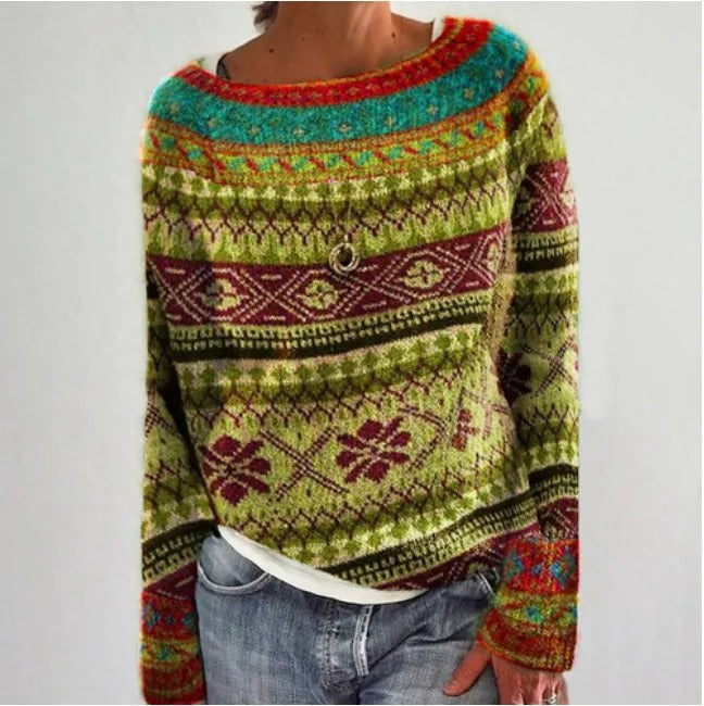 Women's vintage knit winter sweater in cozy warm tones, classic silhouette with timeless everyday style