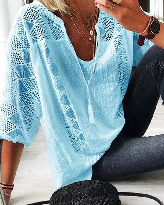 Women's lightweight relaxed-fit blouse with modern slit-neck detail, breathable summer top for warm days