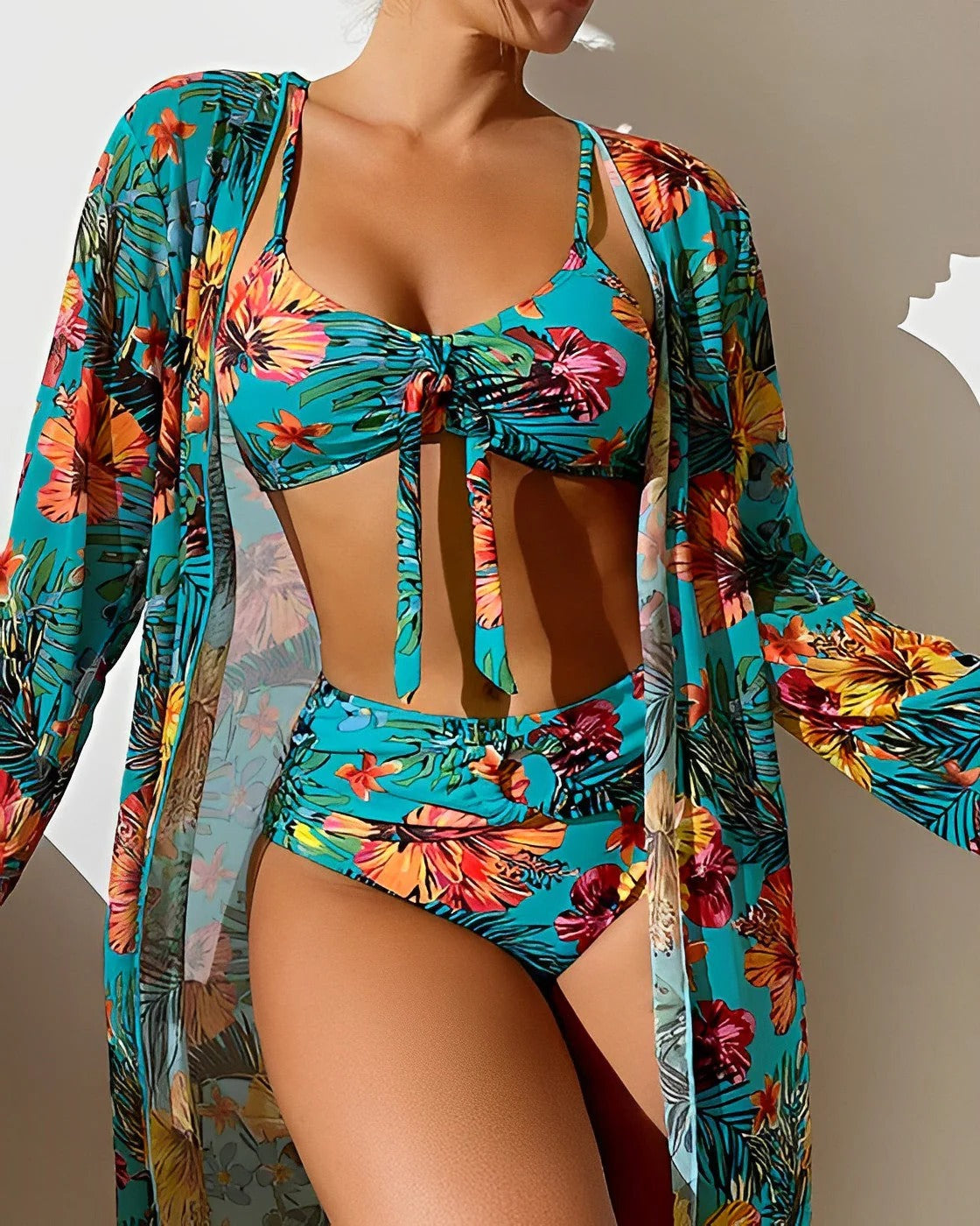 Women's high-waisted floral print bikini set, three-piece flattering swimsuit for summer beach