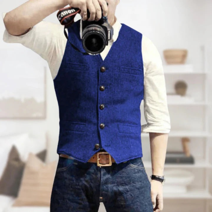 Men's sleeveless vintage denim vest blue button-front placket lightweight layering essential