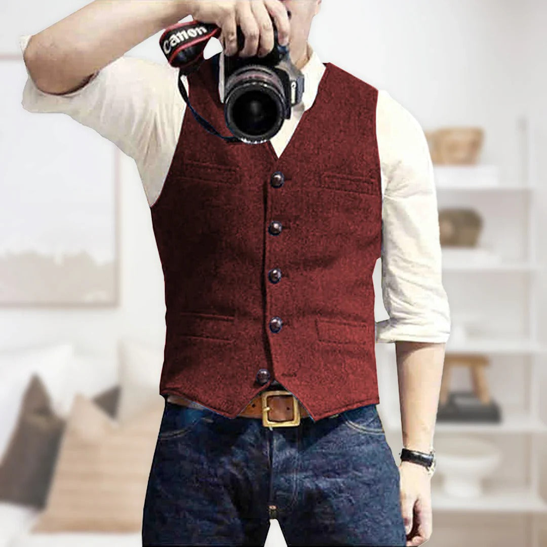 Men's sleeveless vintage denim vest blue button-front placket lightweight layering essential