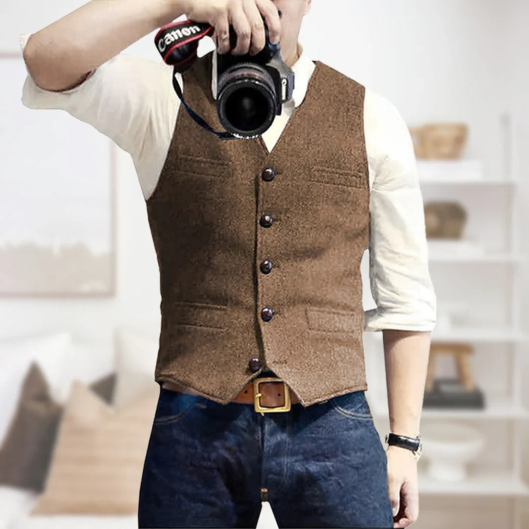 Men's sleeveless vintage denim vest blue button front placket lightweight layering essential