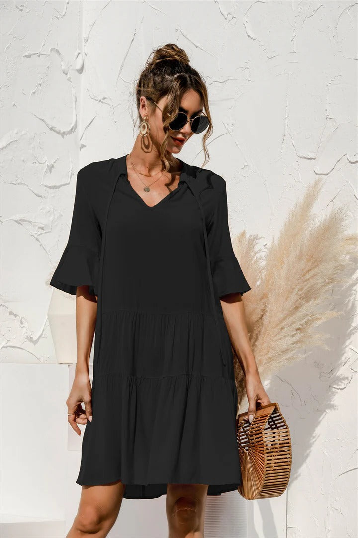 Women's relaxed-fit drop-waist summer dress in airy lightweight fabric for casual semi-formal wear