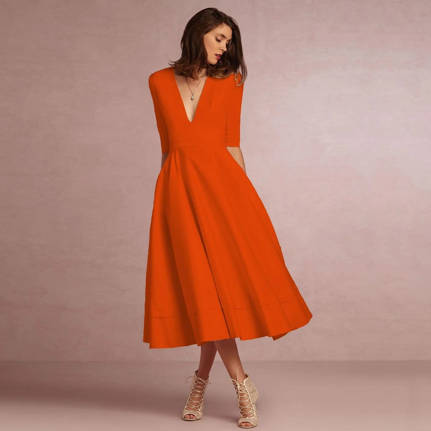 Women sleeveless princess cut dress fitted bodice full-length skirt elegant formal style