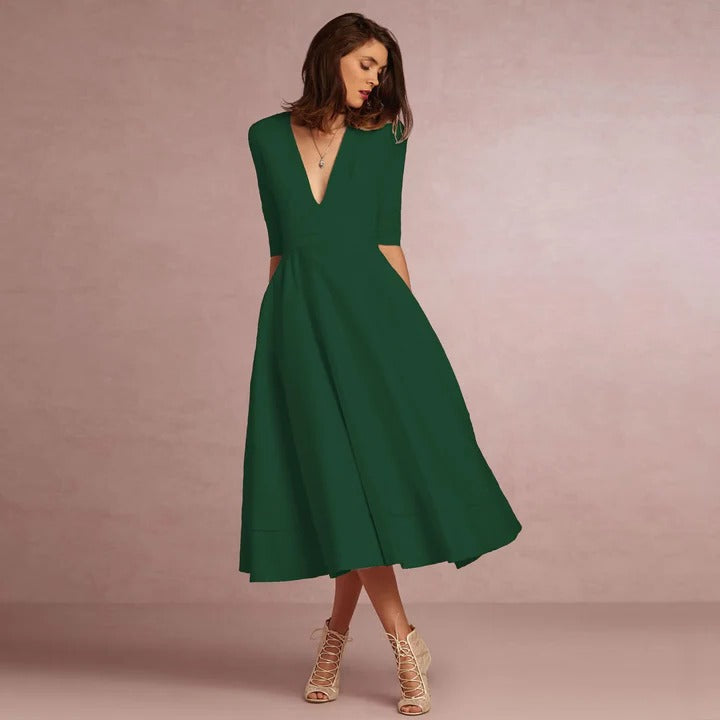 Women sleeveless princess-cut dress with fitted bodice and sweeping full-length skirt elegant formal