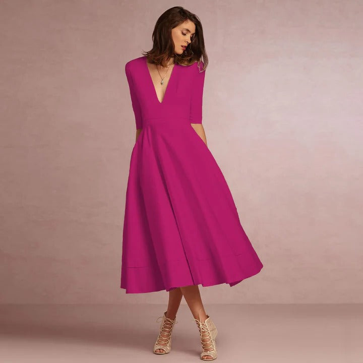 Women's sleeveless princess cut dress fitted bodice sweeping full-length skirt elegant formal style