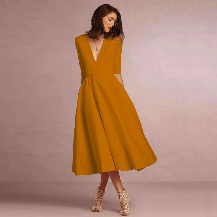 Women sleeveless princess-cut dress with fitted bodice and sweeping full-length formal skirt