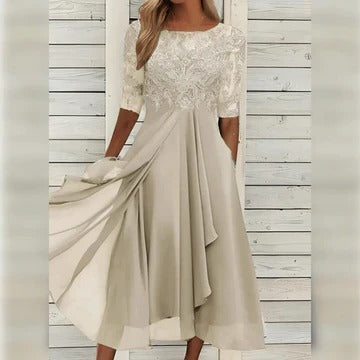 Women's elegant midi dress with lace bodice accent, flowing skirt, timeless silhouette for formal or casual wear