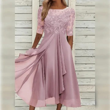 Women's elegant midi dress with lace bodice accent, flowing skirt, timeless silhouette for formal or casual wear