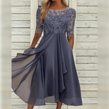 Women's elegant midi dress with lace bodice accent, flowing skirt, timeless silhouette for formal or casual wear