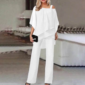 Women's two-piece coordinated set cold shoulder top full-length trousers relaxed silhouette office-to-evening