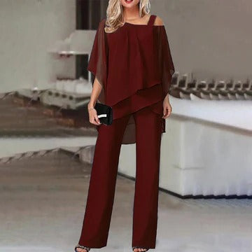 Women's two-piece set cold shoulder top and trousers versatile office-to-evening relaxed silhouette