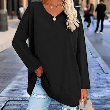Women's long sleeve V-neck shirt relaxed fit everyday casual timeless wardrobe staple