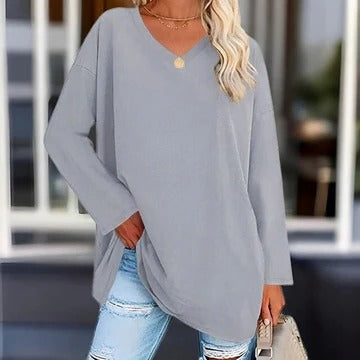 Women's long sleeve V-neck shirt relaxed fit versatile everyday style timeless wardrobe staple