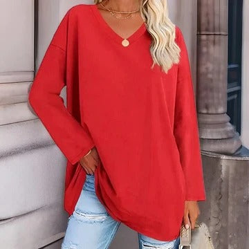 Women's long sleeve V-neck shirt relaxed fit versatile everyday style wardrobe essential