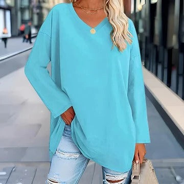 Women's long sleeve V-neck shirt relaxed fit everyday casual style versatile wardrobe staple