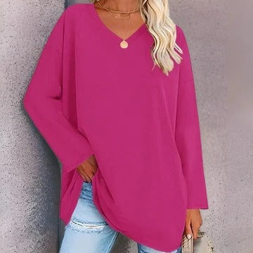 Women's long sleeve V-neck shirt relaxed fit everyday casual top timeless versatile style