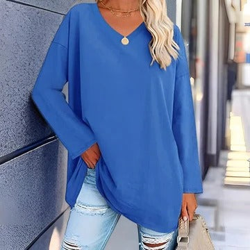 Women's long sleeve V-neck shirt relaxed fit everyday casual style versatile wardrobe staple
