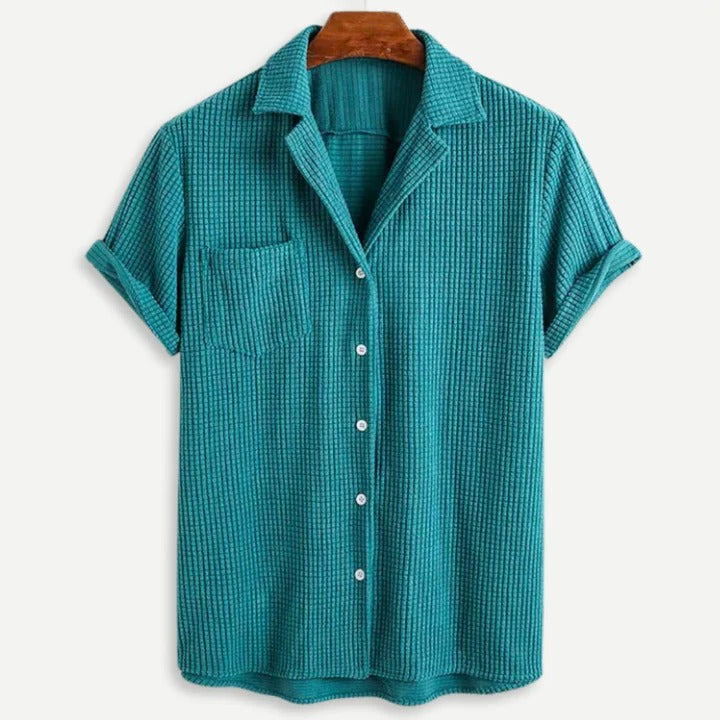 Men green relaxed waffle knit button-front shirt lightweight breathable textured fabric everyday comfort