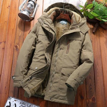 Men's black insulated hooded winter jacket with multiple pockets, streamlined urban fit