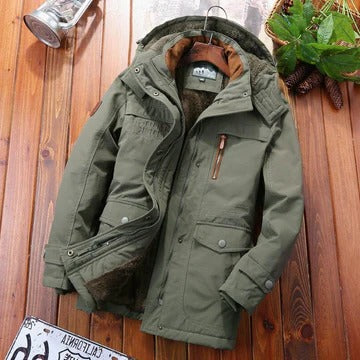 Men's black insulated hooded winter jacket with multiple pockets for urban outdoor use