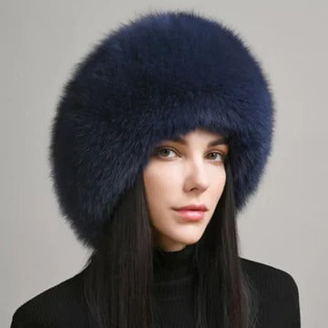 Women's fur knit beanie with integrated earmuffs, full coverage winter hat for cold weather