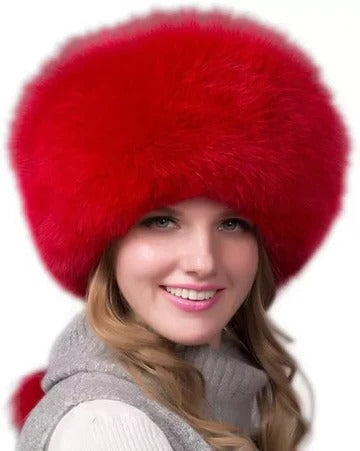 Women's fur knit beanie with integrated earmuffs, full coverage winter hat for cold weather