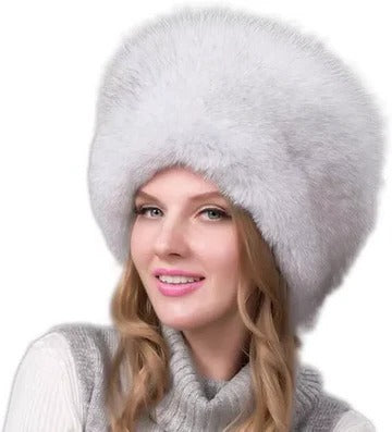 Women's fur knit beanie with integrated earmuffs, full coverage winter hat for cold weather