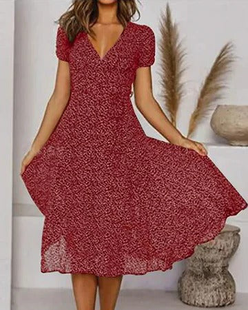 Women's floral print V-neck dress with flowing silhouette, lightweight breathable fabric for everyday wear