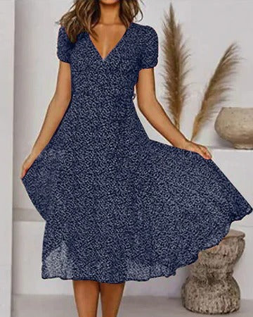 Women's floral print V-neck dress with flowing silhouette, lightweight breathable fabric for everyday wear