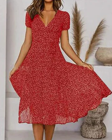 Women's floral print V-neck dress with flowing silhouette, lightweight breathable fabric for everyday wear