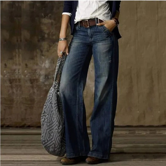 Women's mid-rise straight leg jeans classic blue denim timeless everyday casual fit