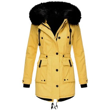 Women's long winter coat structured tailored fit professional workwear essential with polished silhouette