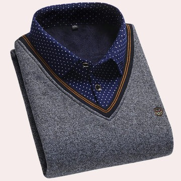 Men's navy knit pullover with polished shirt collar, smart casual regular fit for professional wear