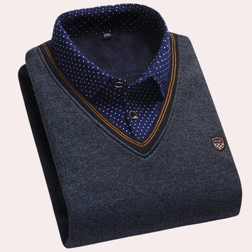 Men's navy blue collared knit pullover with polished shirt collar, smart casual regular fit for professionals