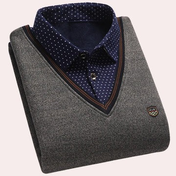 Men's navy knit pullover with polished shirt collar, smart casual regular fit for professional wear