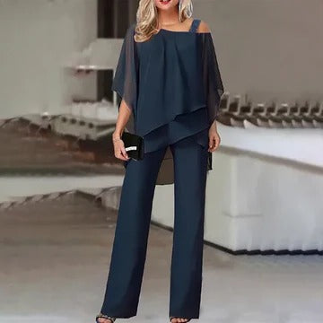 Women's black layered cold-shoulder pant set wide-leg two-piece elegant open-shoulder formal style