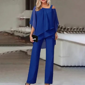 Women's black layered cold-shoulder two-piece pant set with wide-leg trousers and open-shoulder top