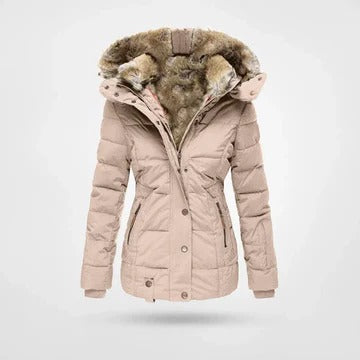 Women's insulated hooded winter coat slim silhouette windproof design for cold wet weather