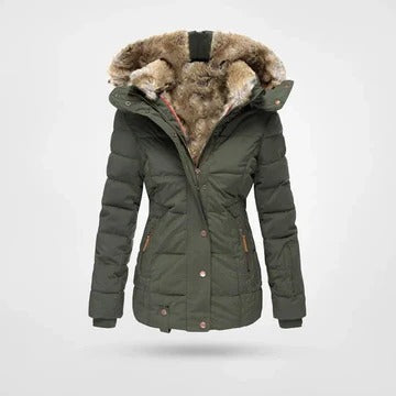 Women's insulated hooded winter coat slim silhouette wind-resistant for cold wet weather