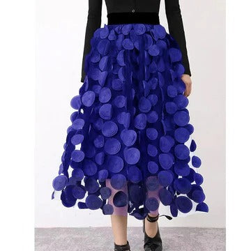 Women's black polka dot tulle patchwork skirt with elegant layered overlay for festive occasions
