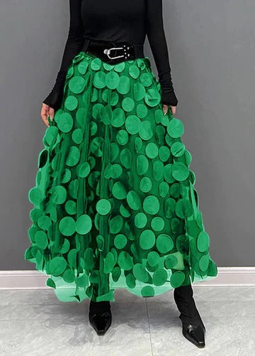 Women's black polka dot tulle patchwork skirt with textured layered overlay for elegant occasions