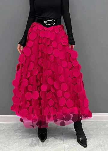 Women's black polka dot tulle patchwork skirt with elegant textured layered overlay