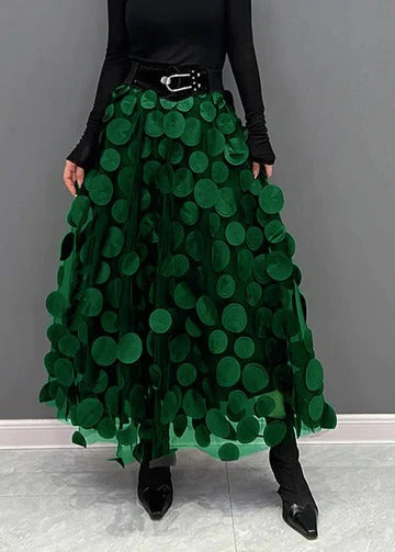 Women's black polka dot tulle patchwork skirt with textured layered overlay for elegant occasions