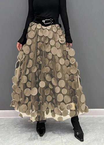 Women's black polka dot tulle patchwork skirt with textured layered overlay for elegant occasions