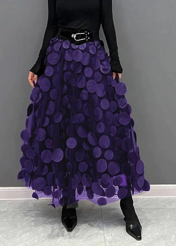 Women's black polka dot tulle patchwork skirt with elegant textured layered overlay