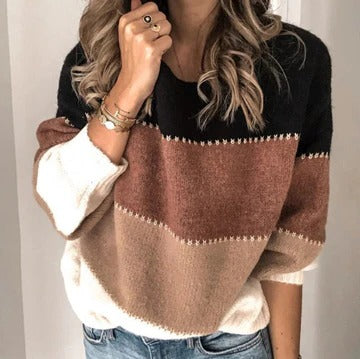 Women's striped color-block knit sweater soft breathable everyday cozy casual style