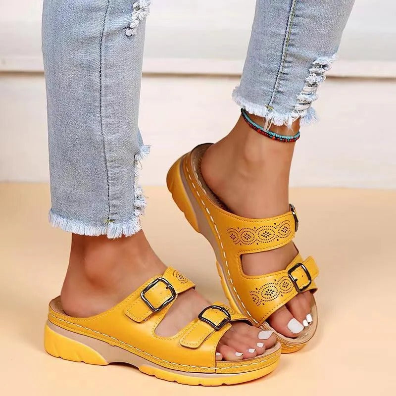 Women's beige comfort walking sandals with contoured pressure-distributing sole for posture support