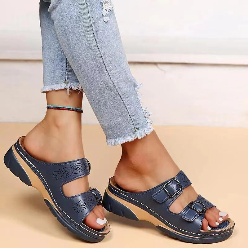 Women's beige comfort walking sandals with contoured pressure-distributing sole for posture support